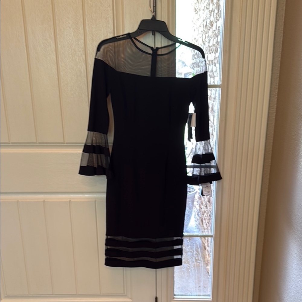 Chic Black Sheer Panel Dress with Bell Sleeves